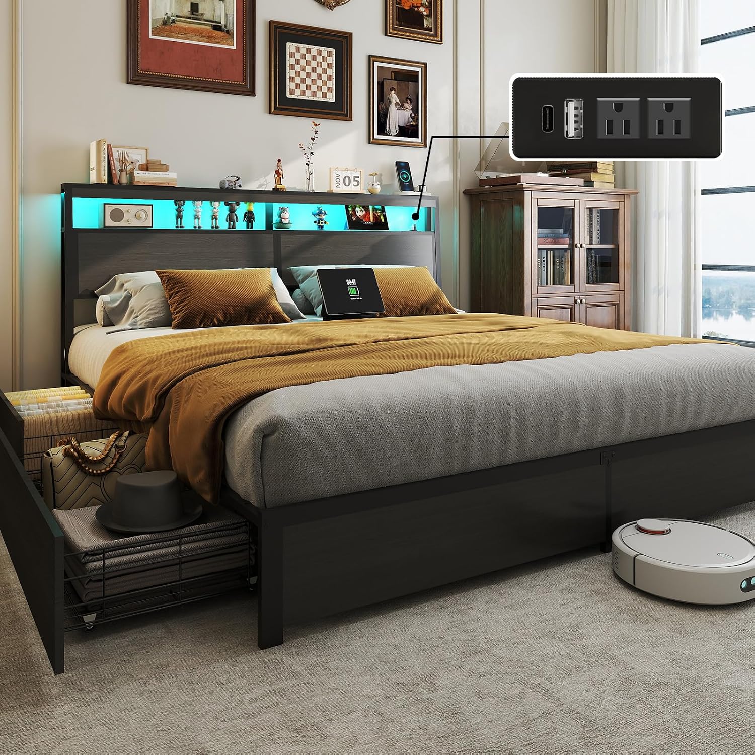 King Size Bed Frame with LED L - King Size Bed Frame With Storage Drawers ulasan dan harga