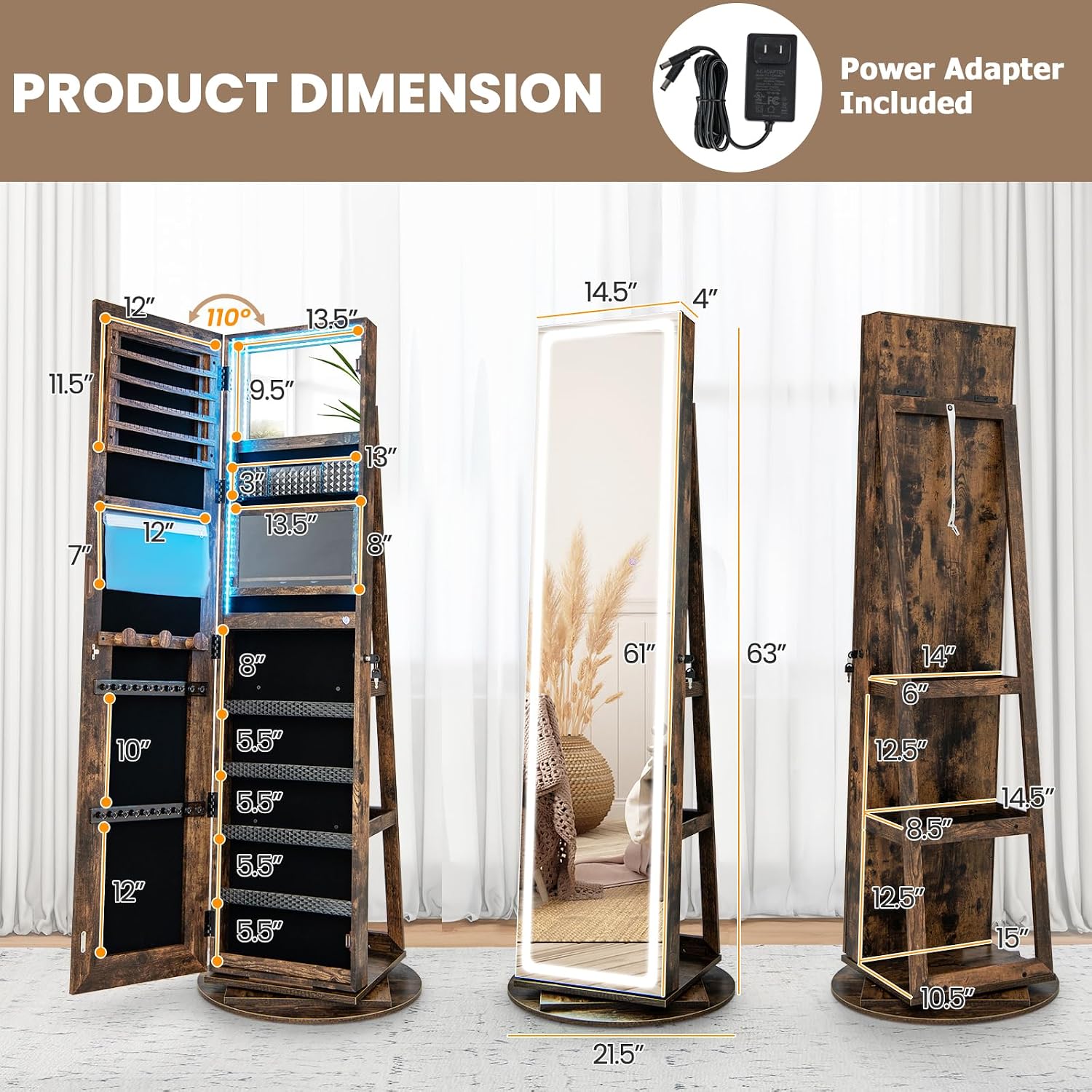 Swivel LED Mirror Jewelry Armo - Full Length Mirror Jewelry Armoire ulasan dan harga